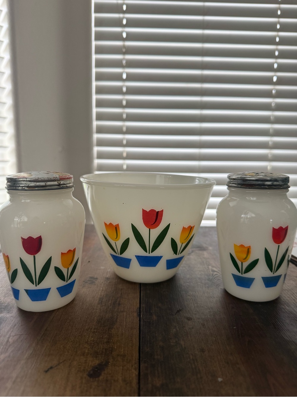 Fire King Tulip Salt and Pepper and Bowl